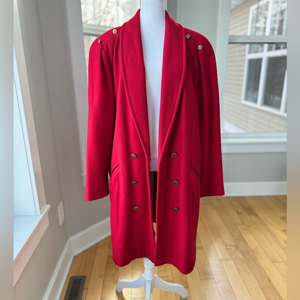 Vintage Michelle Stuart Cardinal Red Double Breast Shawl Collar Wool Trench Coat